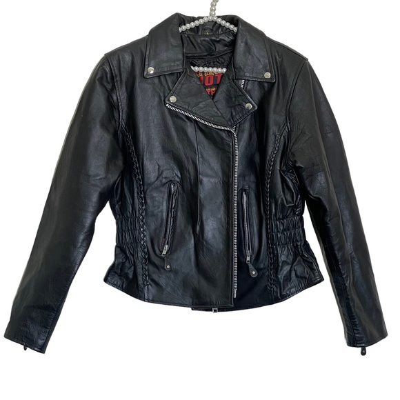 Hot Leather motorcycle Woman’s jacket Large Black Two Pockets - Picture 1 of 15